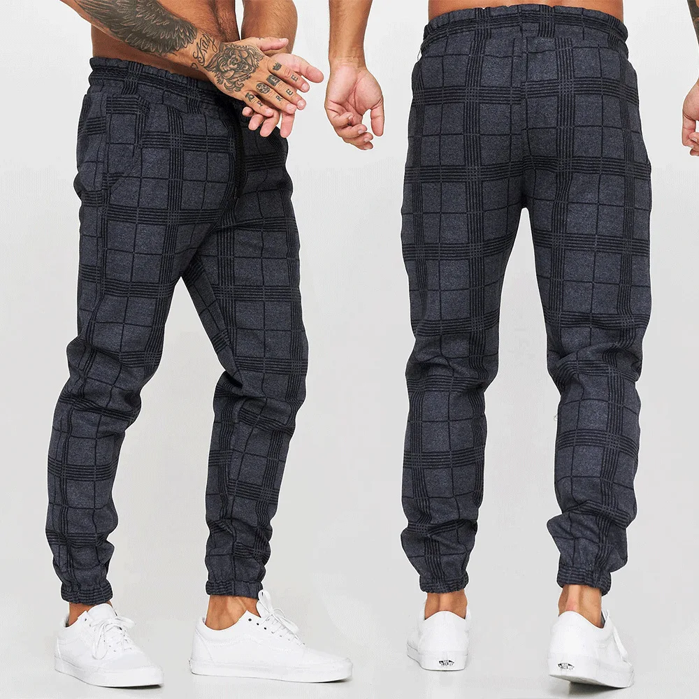

New men's plaid digital printing casual trousers fashion casual small feet drawstring pants elastic sports pants
