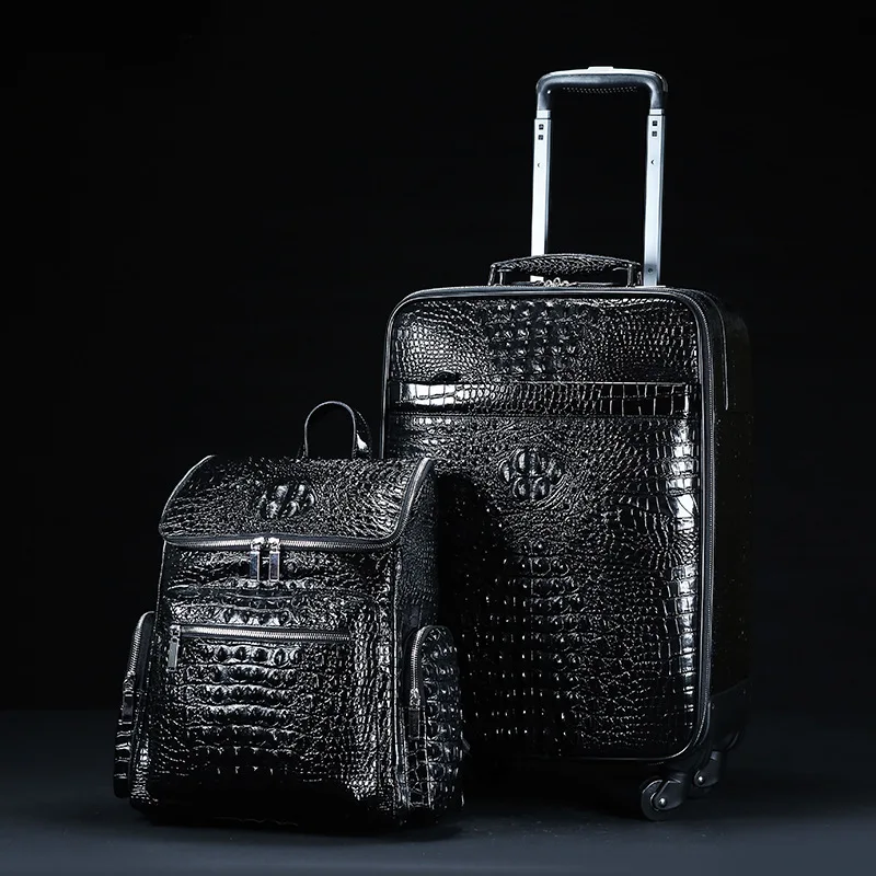 Valise de voyage en cuir véritable à motif crocodile pour homme, valise à roulettes, étui d'embarquement, sac à main SR, première couche, cuir de cercle