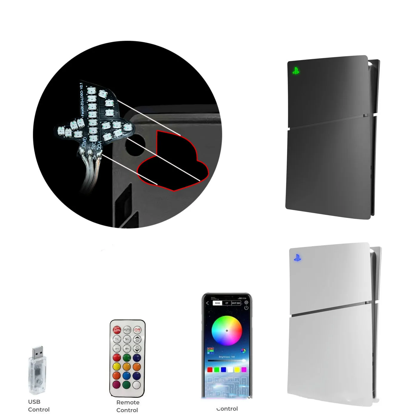 Ps5 Slim Aggiornato 8 Colori 400 Effetti Logo Rgb Led Logo Illuminato Fai Da Te Led Light Per Playstation 5 Slim Console Plate Decoration