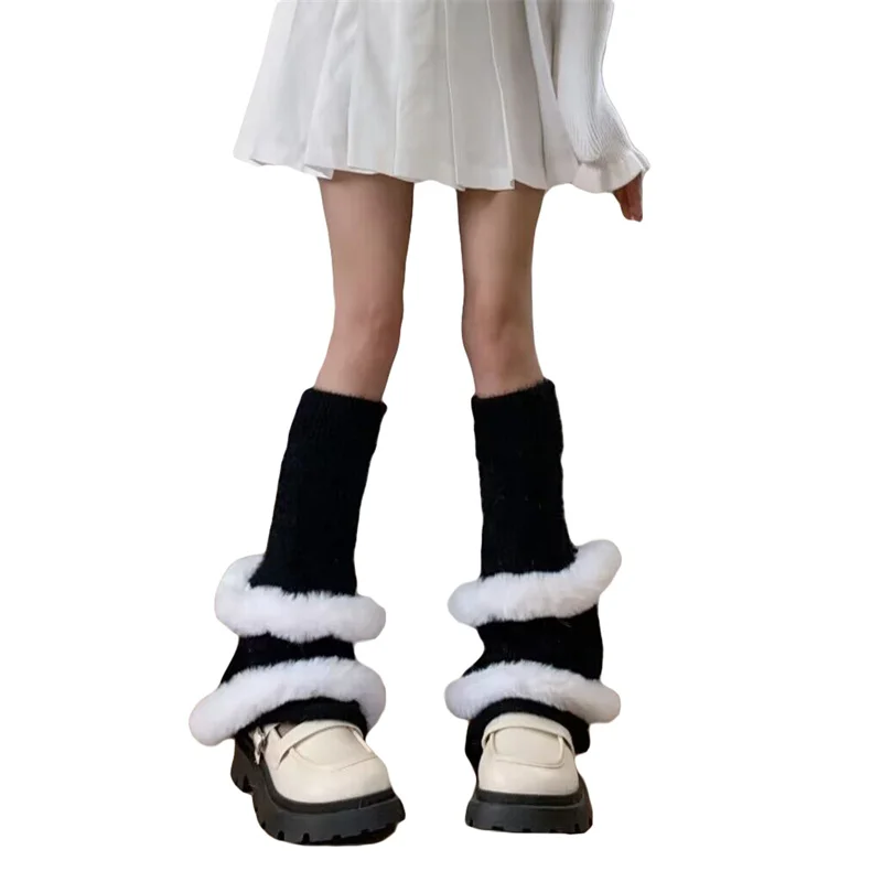 

CHRONSTYLE Women Ribbed Leg Warmers Faux Fur Trim Knee High Socks Boot Cuffs Cute Lolita Socks Leg Warmers Party Streetwear 2024