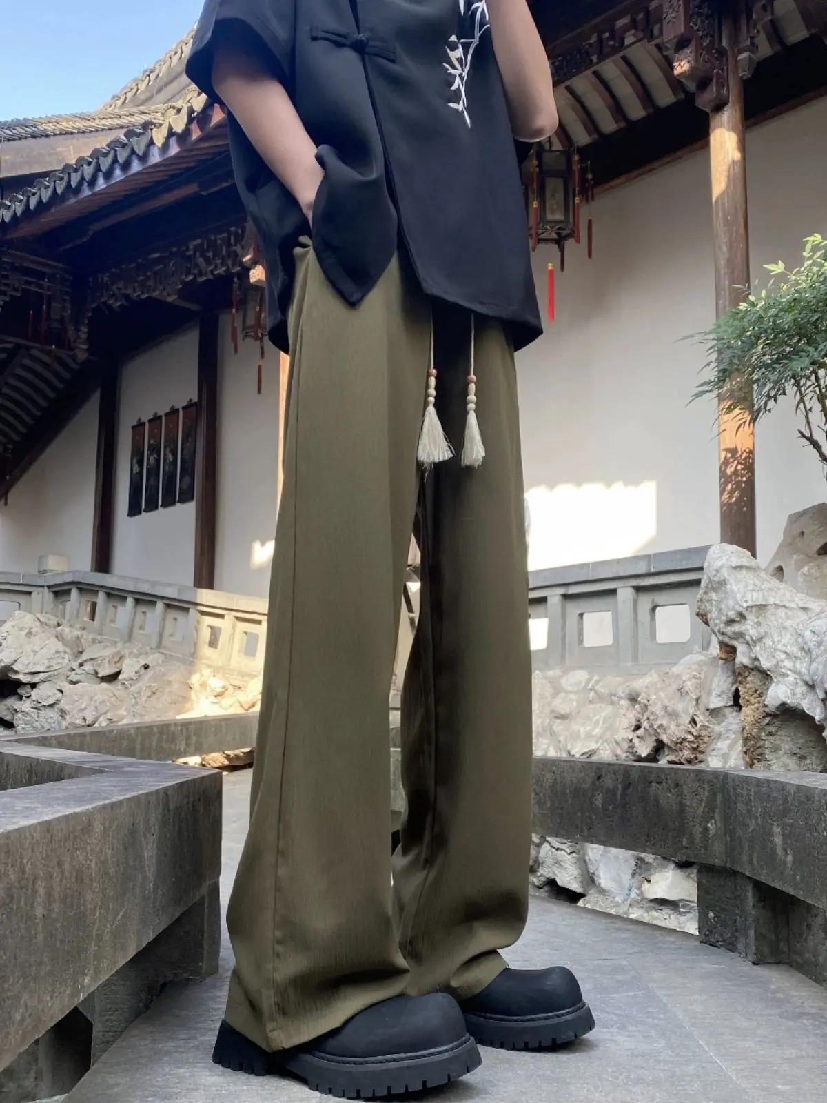 Chinese Style Knot Button Pants For Men Elastic Waist Drawstring Loose Straight Trousers Summer Fashion Casual Wide Leg Pants