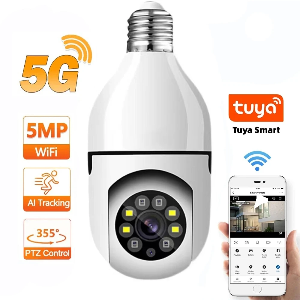 

Tuya 5G WiFi Bulb Camera 5MP 3MP Indoor Security Two Way Audio Auto Tracking Human Colorful Night Vision E27 Base Mini PT Camera