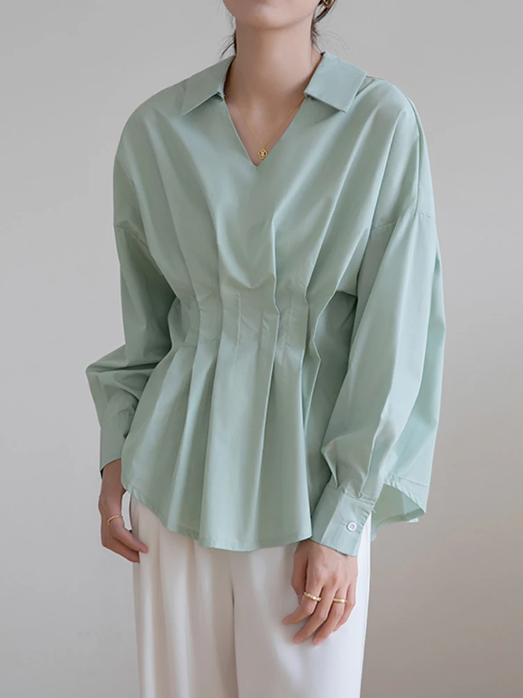 QOERLIN Korean Fashion Big Size Pleated Blouse V Neck Plain Light Green Loose Casual Long Sleeve Drop Shoulder Shirt Tops Office