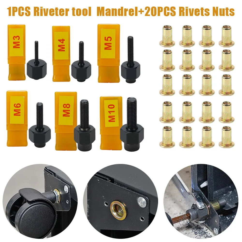 21pcs/set Tool Head Nuts Manual Riveter Installation Hand Rivet Nut Tool With Stainless Steel Nuts For M3 M4 M5 M6 M8 M10 400pcs set m3 m4 m5 m6 m8 mix gb861 1 304 stainless steel washers external toothed gasket serrated lock washer kit din6797j