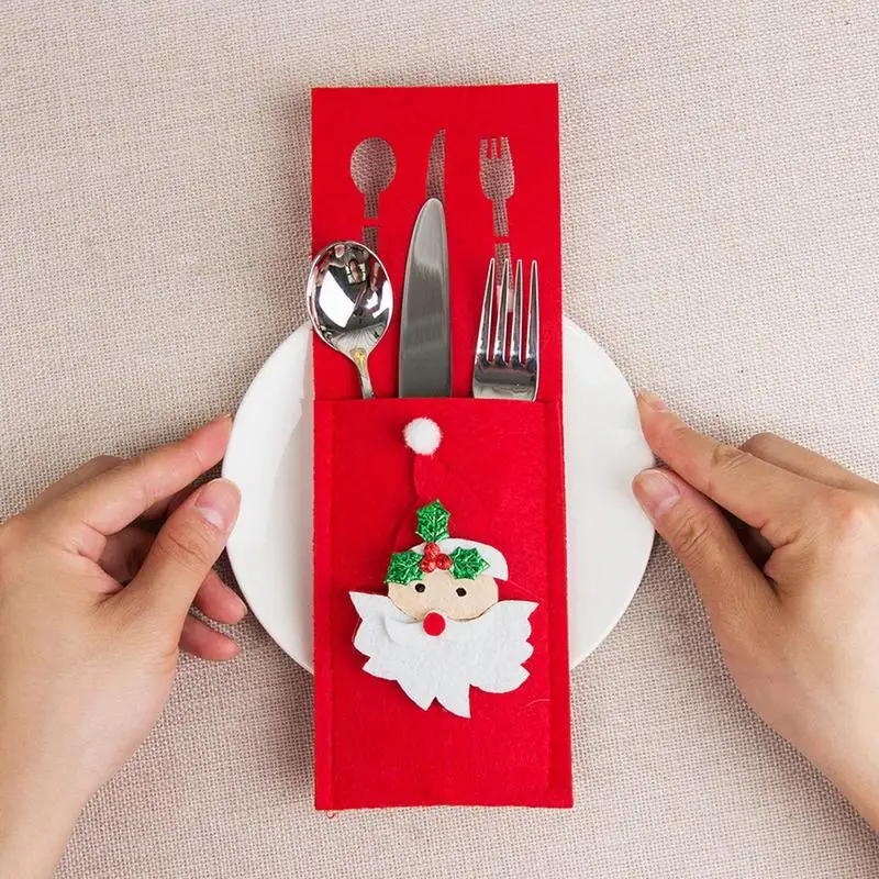 

Christmas Tableware Holder Cutlery Bag Set For Dinner Table Party Santa Snowman Silverware Spoon Bags Deer Tree Durable Pouch