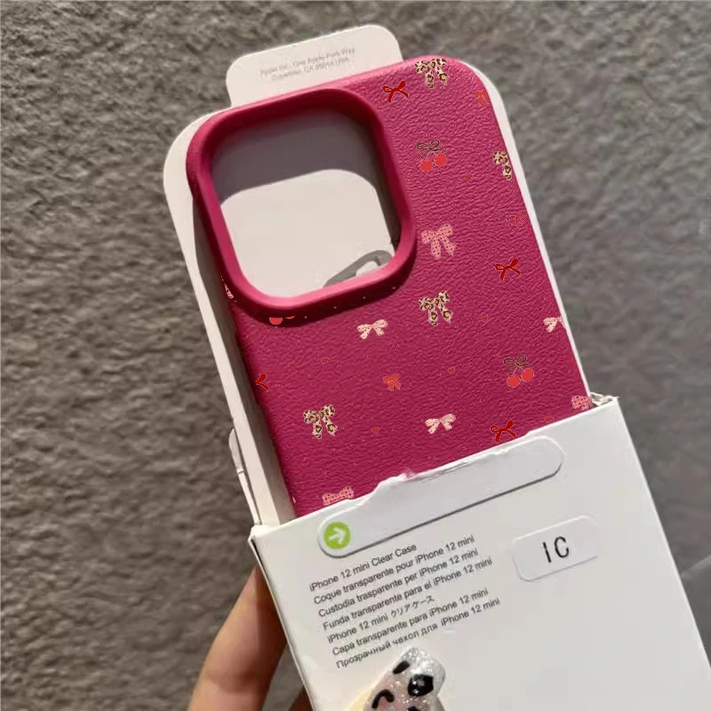 Cherry Cute Bow Shockproof Lichee Pattern Soft Phone Case Cover