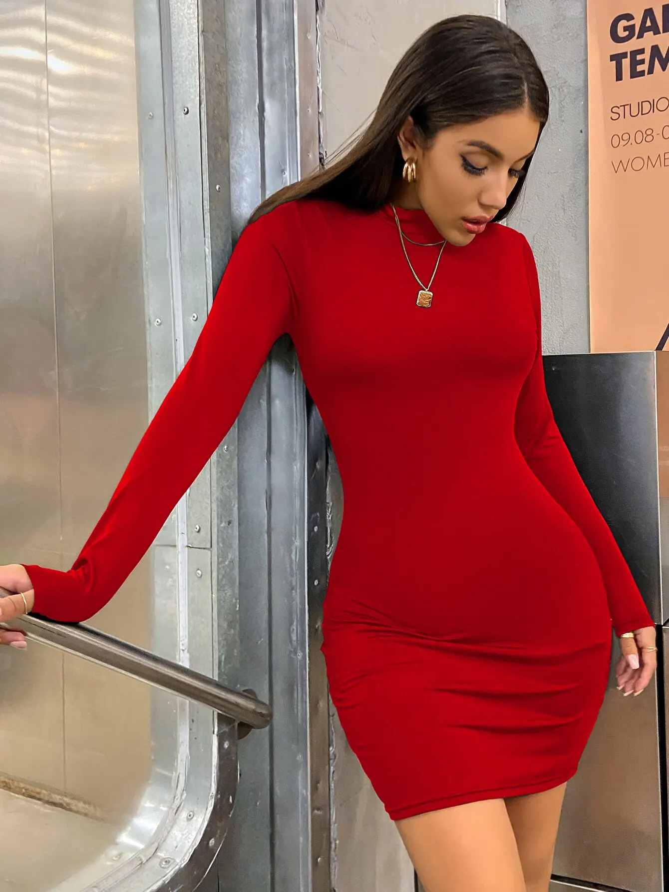Sa6fbc0efae614bbe986bd2d8a81c2a4fO Long Sleeve Slim Bodycon Mini Dress Women Turtleneck Pleated Party Ruched Short Evening Club Outfit Solid Color Mallzona