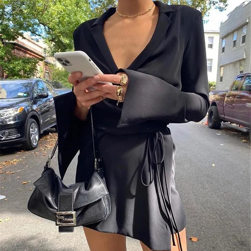 

Black Satin V-Neck Shirt Dress Women Autumn Winter Flare Sleeve Lace Up Mini Dresses Elegant Ladies Party Vestidos 2023