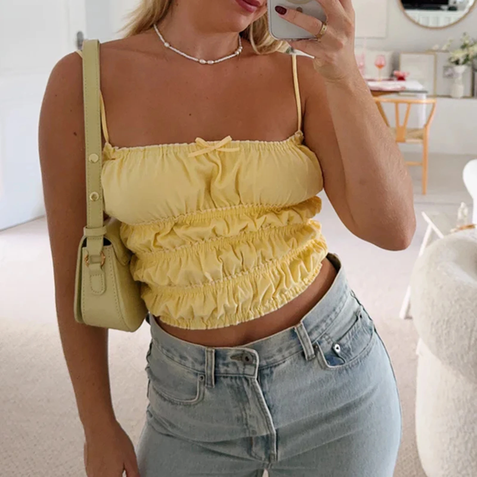 

Summer Women's Slim Cami Tops Solid Color Spaghetti Strap Frill Smocked Vest Show Navel Cropped Camisole