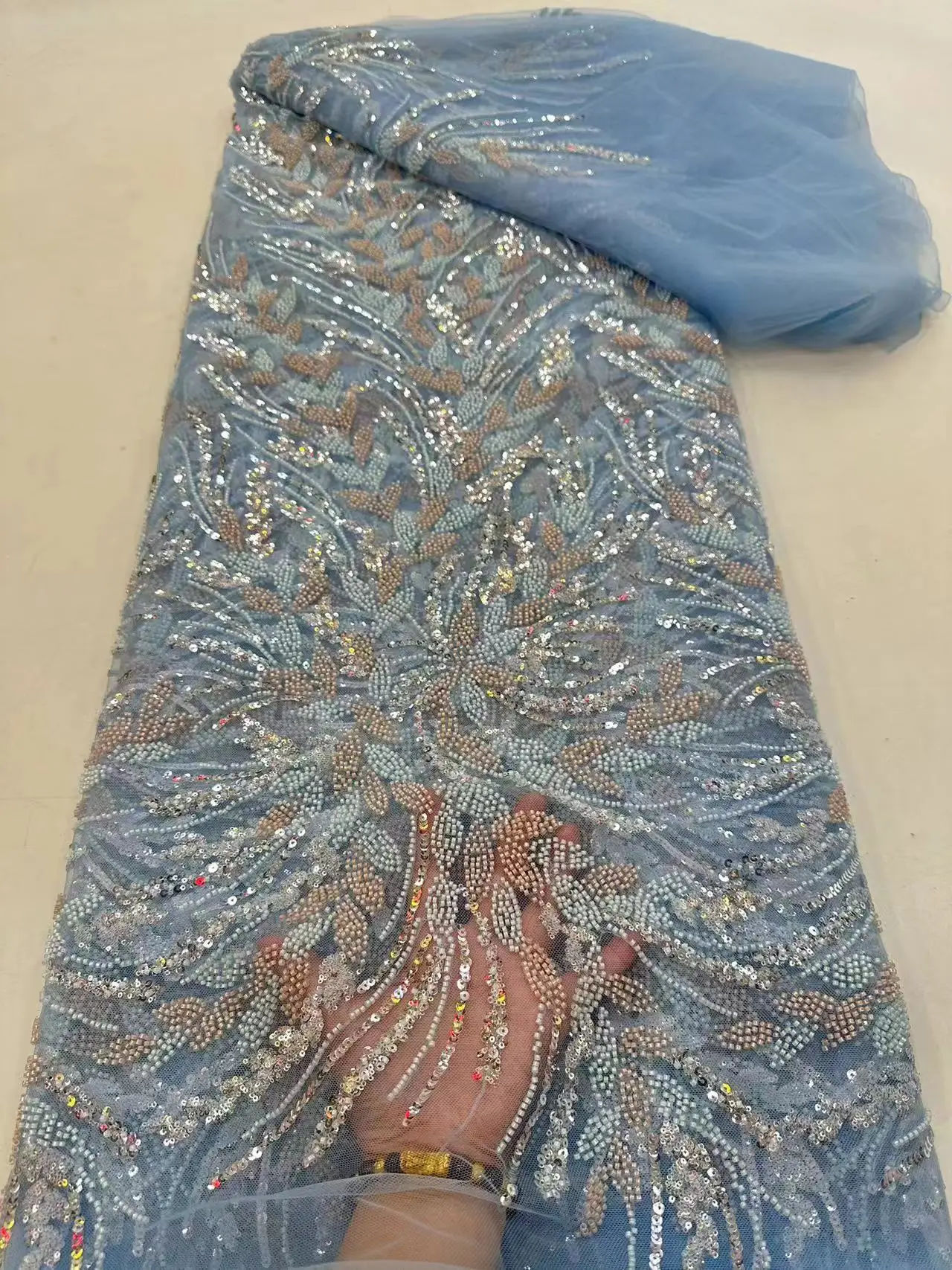 

2024 Fashion Elegant French Embroidery Beaded Lace Fabric African Nigerian With Sequins Fabric For Wedding Dress