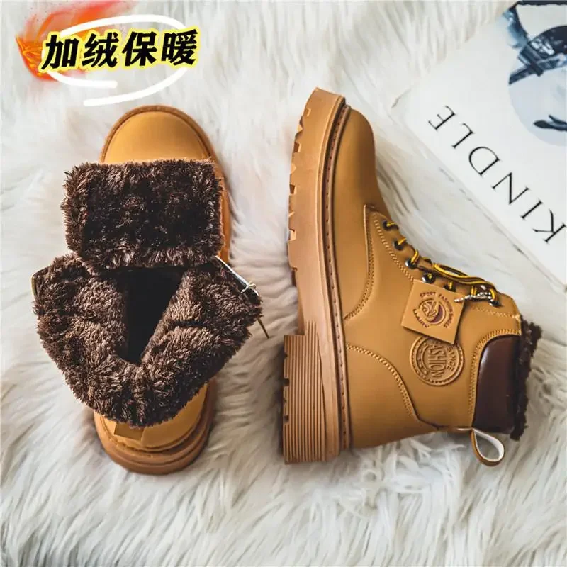 

Workwear Cotton Shoes Men's Winter Warm Fleece-Lined British Casual Martin Boots Winter Retro High-Top Leather Shoes