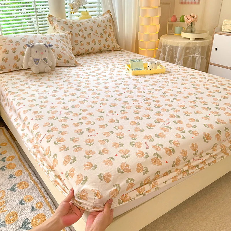 100% Cotton Fitted Sheet Floral Style Bedsheets Skin-friendly Elastic Bed Cover Home Bed Linen 1PCS (No Pillowcase) 4