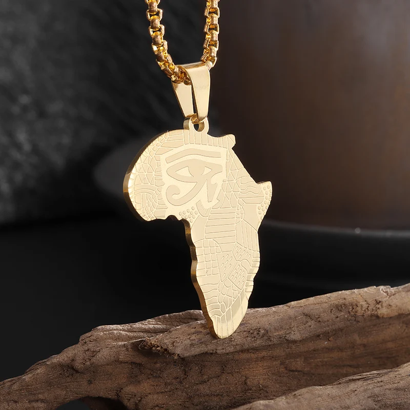 

Classic Ancient Egypt Eye of Horus Africa Map Pendant Stainless Steel Necklace Men's Religious Amulet Jewelry