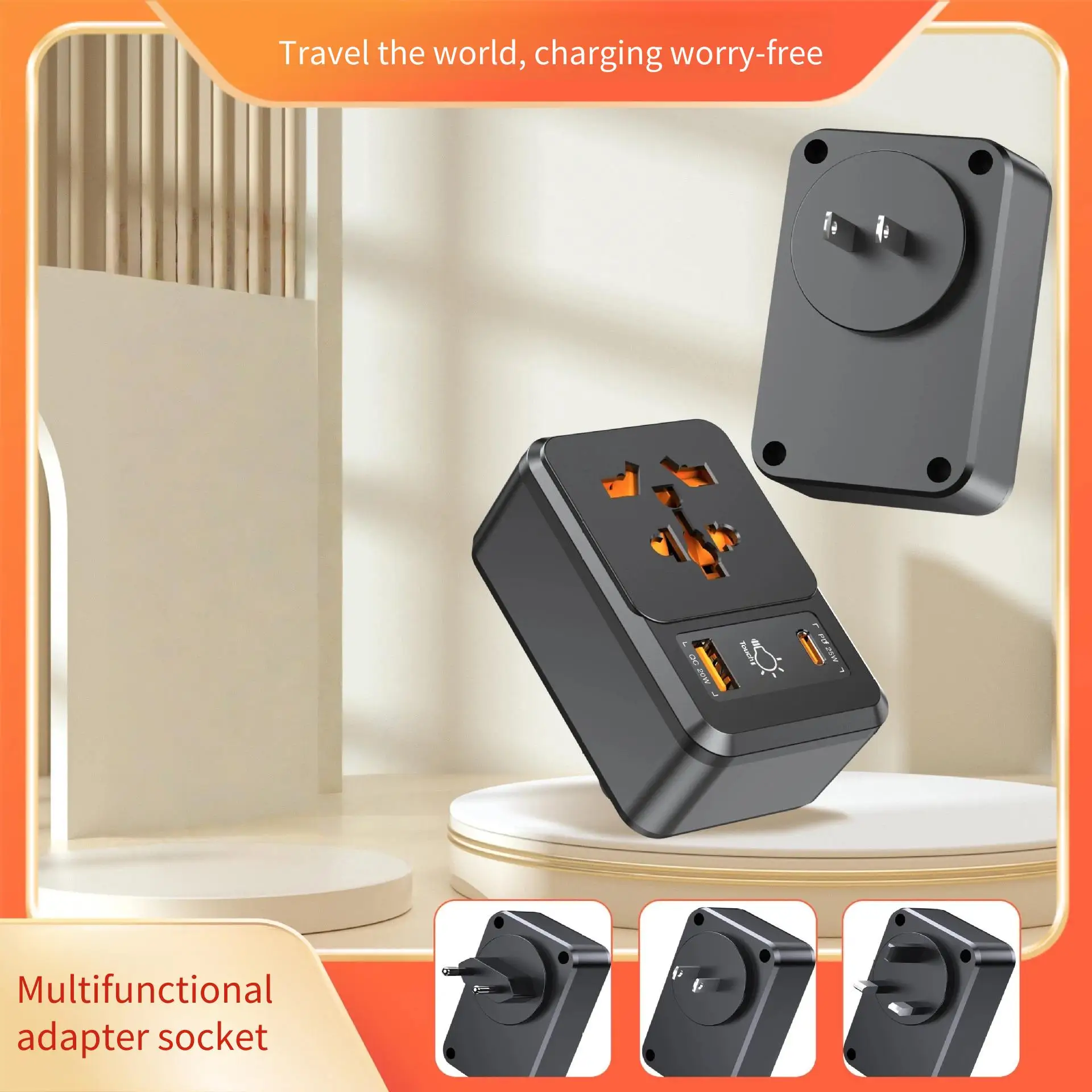 Universal Travel Adapter with Fast Charging USB Ports and Sensor Switch