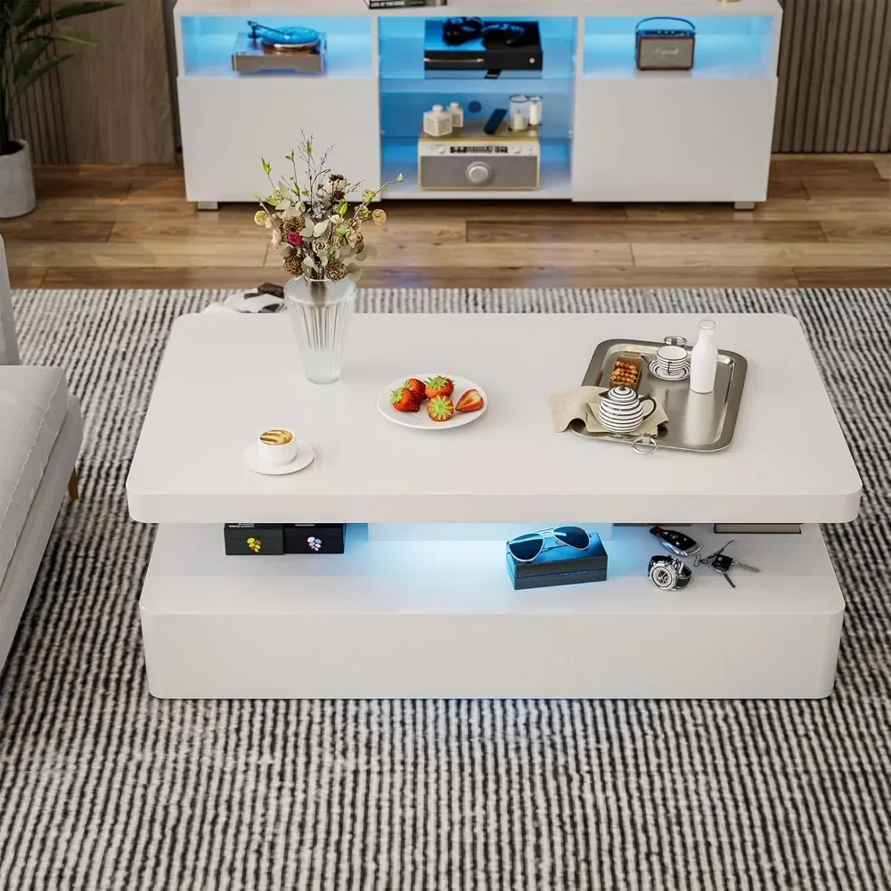 LED High Glossy Coffee Table, Modern Coffee Table, 2 Tiers Rectangle Design Coffee Table with 16 Colors LED Lights 5