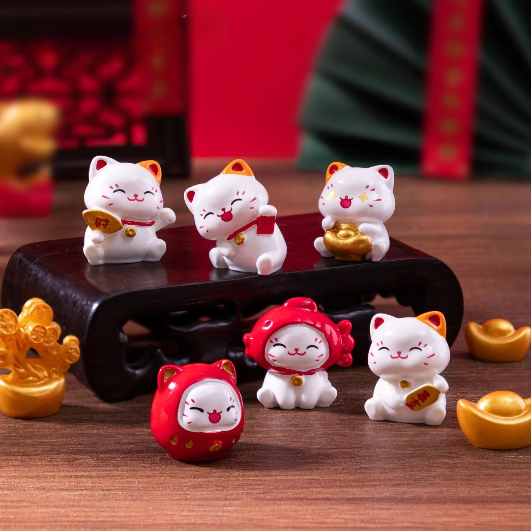 6/12pcs New Chinese Cartoon Maneki Neko Ornaments Animal Figurine Lucky Cat Model Good Luck Wealth Home Desktop Car Decoration 2