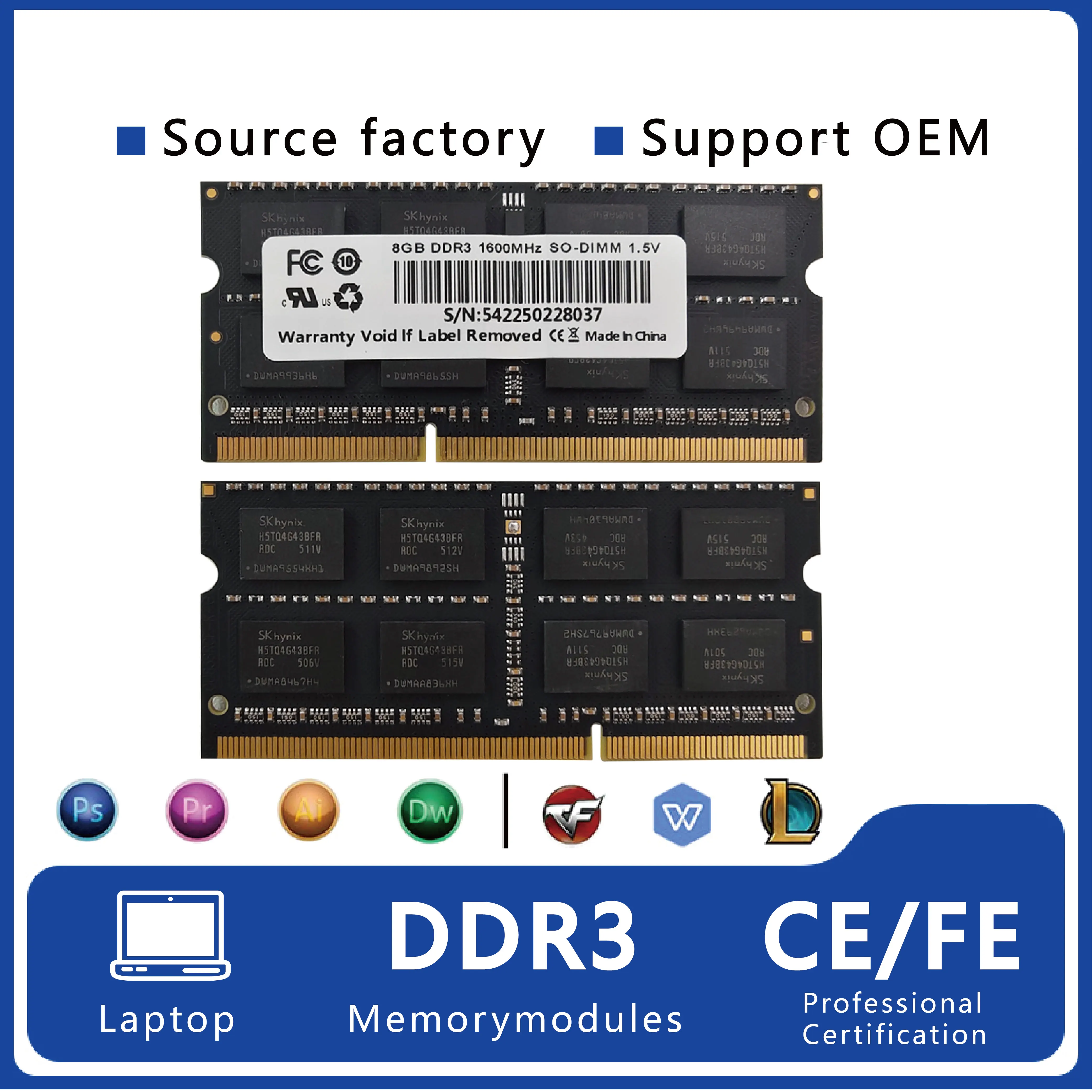 Ymeiton 블랙 노트북 DDR3 메모리 노트북 DDR3 1333MHz 1600MHz 4GB 8GB SO-DIMM RAM DDR3L 204핀 1.5v 노트북 메모리 도매