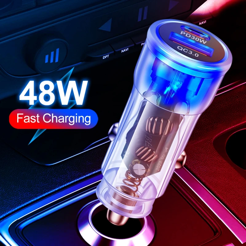 48W USB Mini Transparent Car Charger Fast Charging Type C Car Mobile Phone Charger For iPhone Xiaomi Samsung Huawei PD Charger