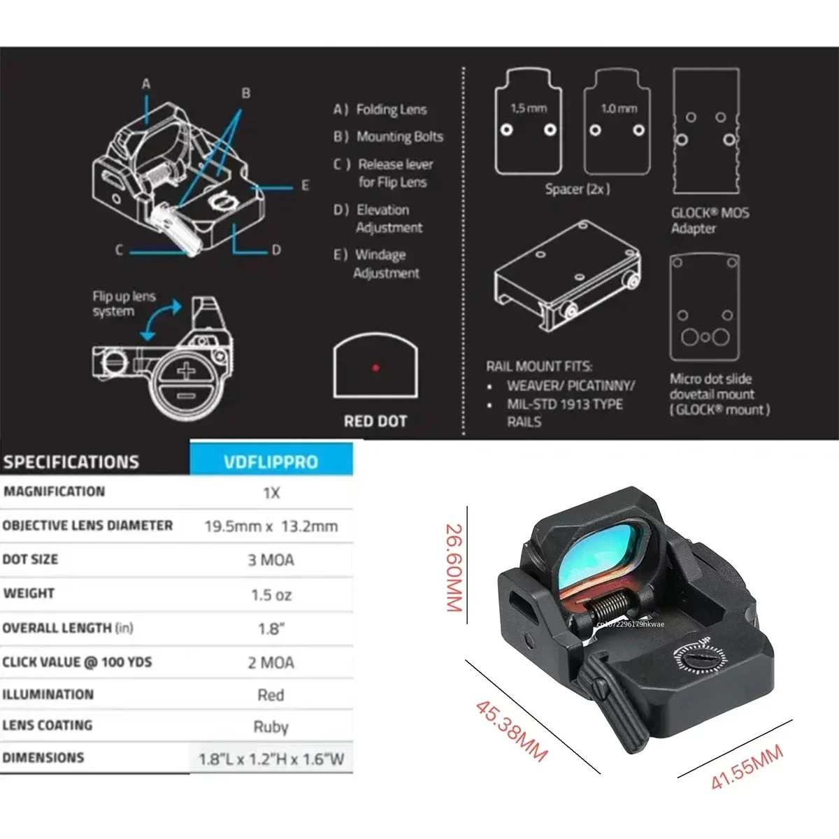 Red Dot Sight Rifle Scope Tactical VISM PRO Flip Up Red Dot Sight 20mm Rail Riflescope Collimator Sight RM Scope With GLOCK Rear Mount