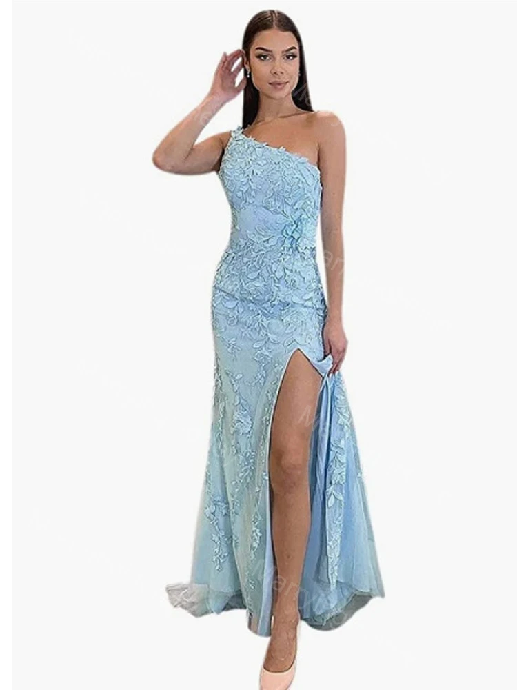 

One Shoulder Sleeveless Prom Dress for Women Lace Appliques Tulle Formal Evening Gowns with Slit Mermaid Long Party Dress MH965