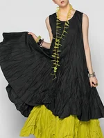 Women Summer Cake Dress Casual Round Neck Sleeveless Fake Two Pieces Gathered Indie Folk Patchwork Loose Maxi Dress Plus Size - Image 3