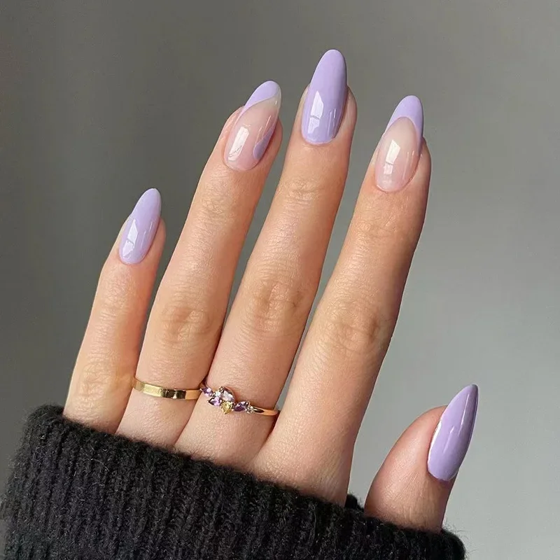 Fake Nails French Nails False Nails French Rainbow Fake Nails Simple Almond False Nails Art Waterproof Removable Artificial Press on Nail with Accessories 24pcs