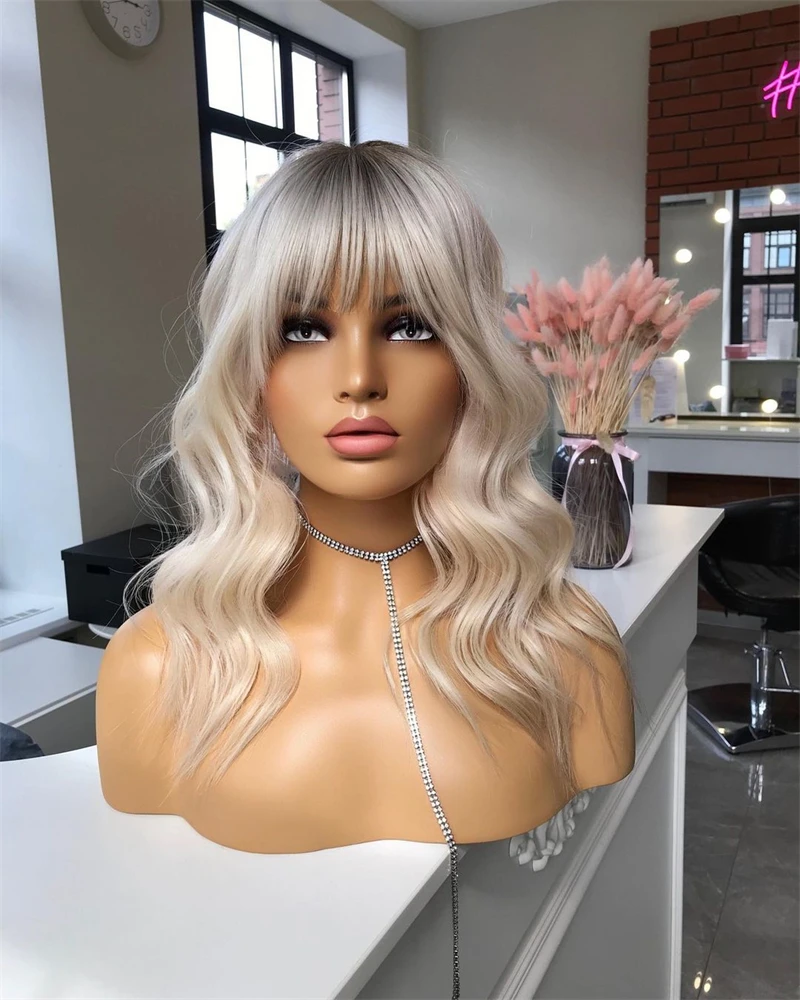 Synthetic Lace Front Wig For Women Ombre Blonde Short Wavy With Bangs Pre Plucked Heat Resistant Glueless