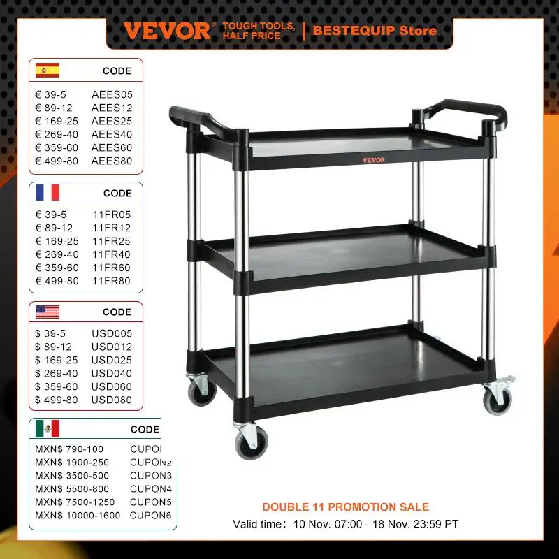 VEVOR Utility Service Cart 3 Shelf Heavy Duty 220LBS Food Service Cart Rolling Kitchen Storage Trolley with 4 Lockable Wheels