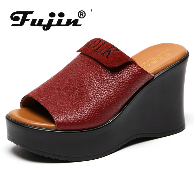 

Fujin 9cm Fashion Summer Fashion Women Hollow High Heels Ladies Shoes Genuine Leather Slipper Platform Wedge Sandals Peep Toe