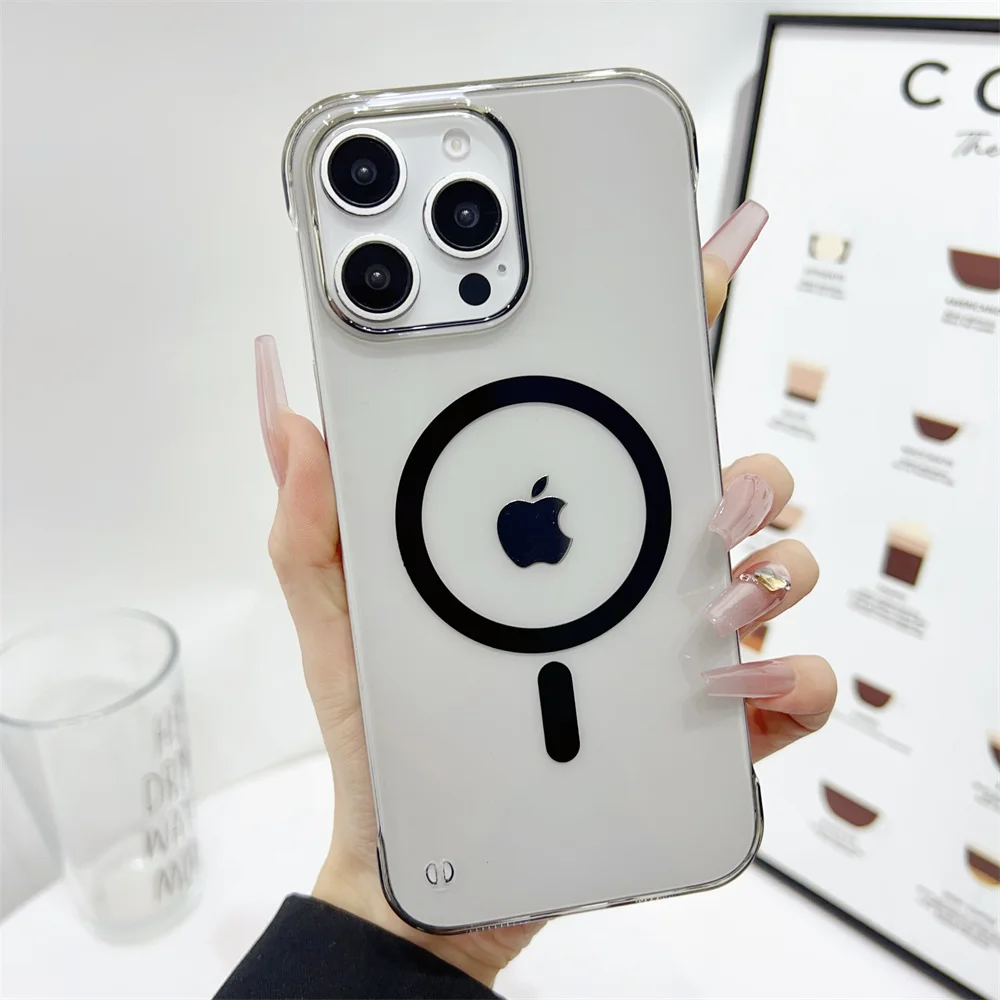 Sleek Clear Frameless Phone Case with MagSafe Compatibility and Wireless Charging Support