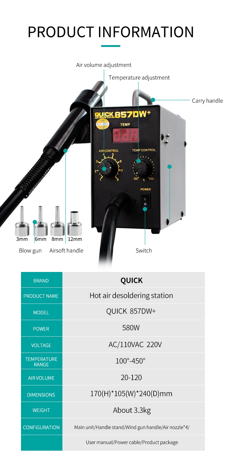 QUICK 857DW+ Bga Rework Station 580W Hot Air Gun Station with Heater SMD Rework Soldering