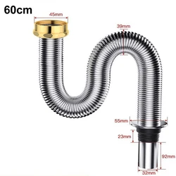 Stainless Steel Flexible Sink Drain Hose - Silver, 40/60cm Length (60cm)