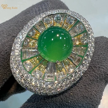 Wong Rain Vintage 925 Sterling Silver Natural Green Jade High Carbon Diamond Gemstone Ring for Women Jewelry Anniversary Gifts