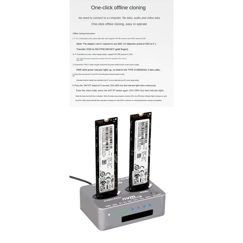 M.2 NVME SSD 클론 듀얼 베이 Nvme 도킹 스테이션, M2 SSD 및 M 키 SSD용 C 타입 외장 하드 디스크 박스, USB3.2 Gen2