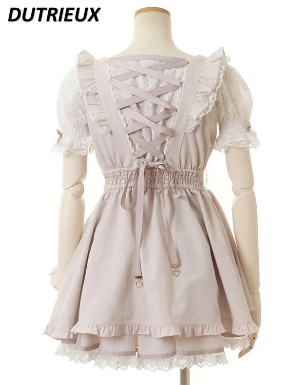 Japanese Cute Girl Mass-produced Square Neck Short-sleeved Slim-fit Dress Sweet Bow Lace Ruffle Edge Dresses and Base Skirt lolita dress lolita suspender dress lolita cosplay costumes suspender dress lolita skirt lolita blouses
