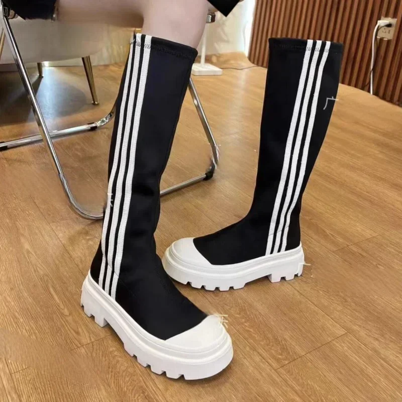 Women's Winter New Square Heel Knee High Sock Boots Slip on Round Toe Boots for Women Ladies Comfortable Casual Platform Boots