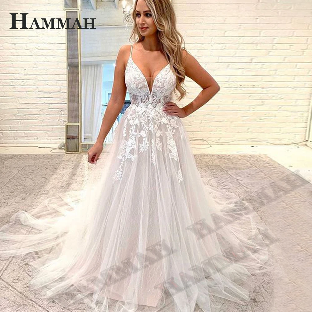 

HAMMAH Spaghetti Strap Wedding Dress For Bride Sleeveless Appliques Lace Tulle A Line Pleats Court Train V Neck Made To Order