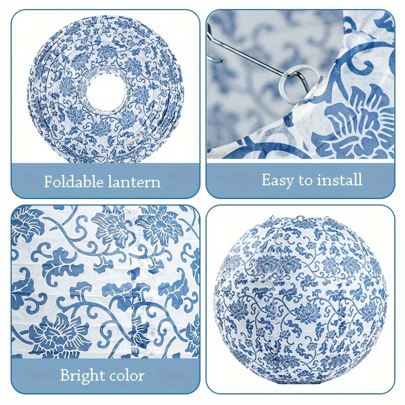 6X Chinese Blue Porcelain Lantern Set - Festive Decor for Parties, Weddings & Birthdays, No Electricity Needed BW 2