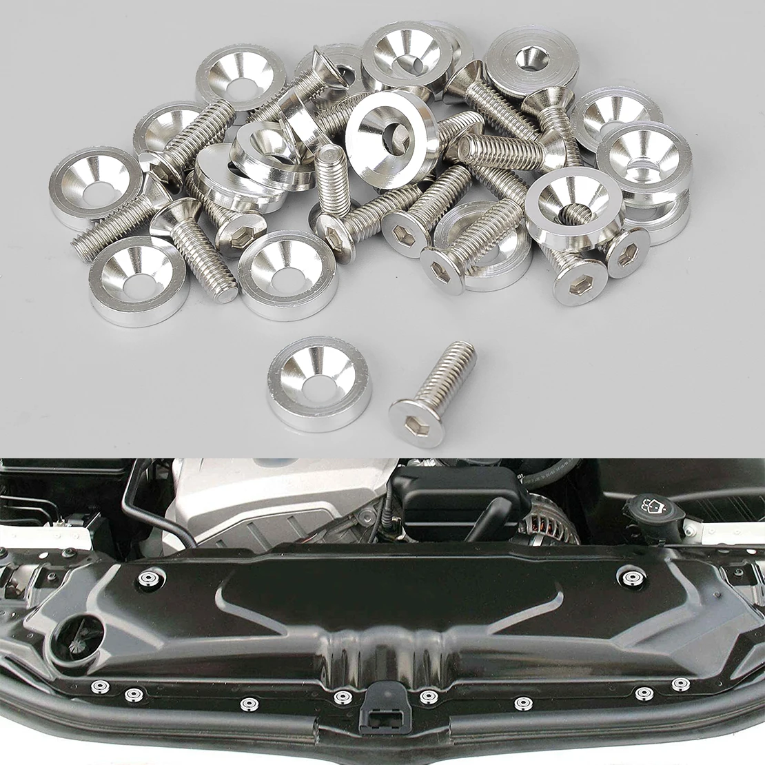 

20 Sets Billet Aluminum Fender Bumper M6 Washer Bolt Engine Bay Screw Dress Up Kit Fit for Core Supports Trunk Silver