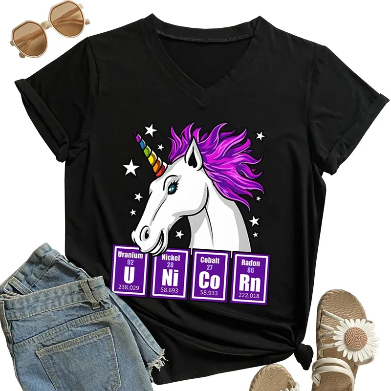 

Unicorn Chemistry Graphic Tshirts Women Short Sleeve Y2k Tops V Neck Oversized T Shirts Woman Chemistry Harajuku Fashion T-shirt