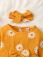 Newborn Baby Girl Romper Dress Long Sleeve Flowers Print Tulle Bodysuit Yellow Spring & Autumn Dress with Headband Clothes 3