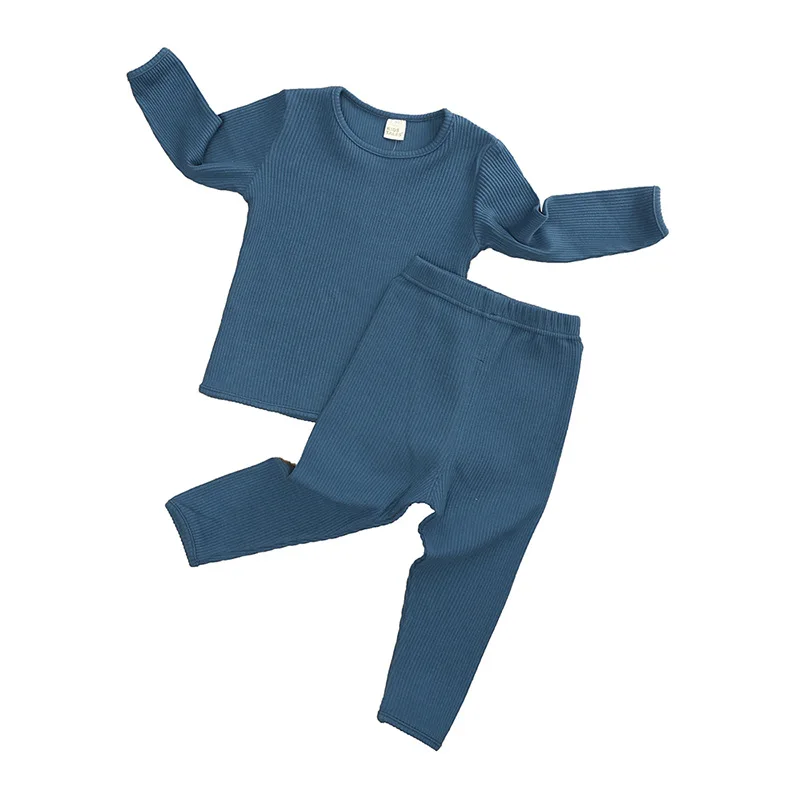 2Pcs Solid Children Pajamas Sets Ribbed Knitting Boys Girls Pyjamas Pullover+Pants Cotton Clothes Korean Kis Sleepwear Tracksuit