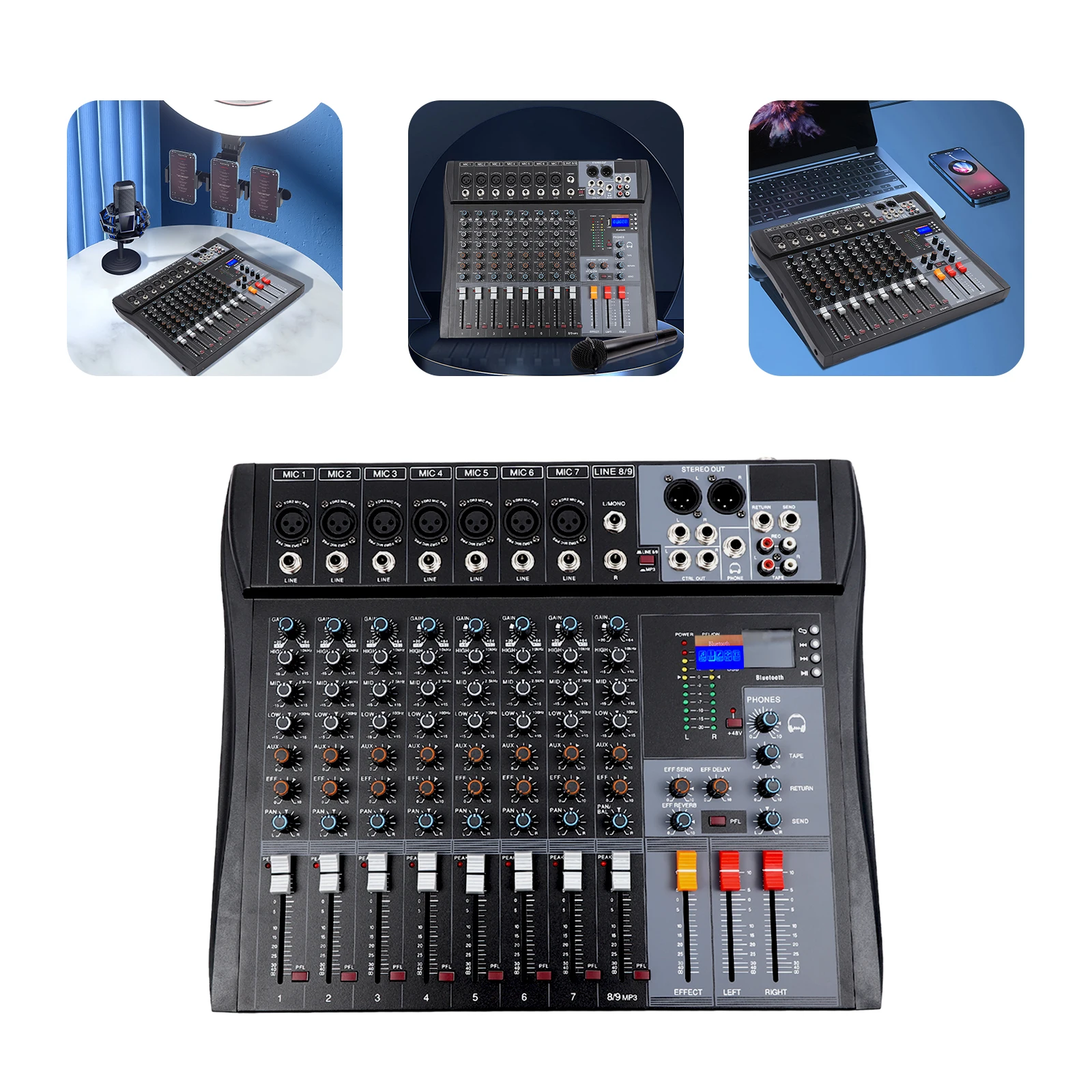 8 Channel Professional Mixer Sound Board Console Desk System Interface Digital USB Computer MP3 Input Phantom Power Stereo