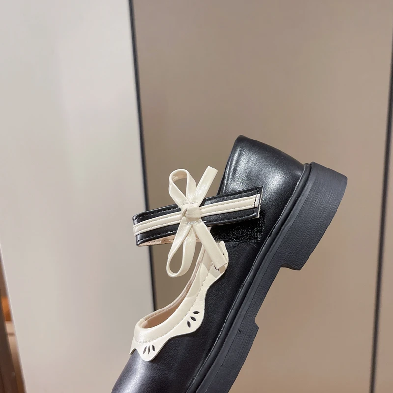 Leather Kids School Shoes with Bowtie for Girls