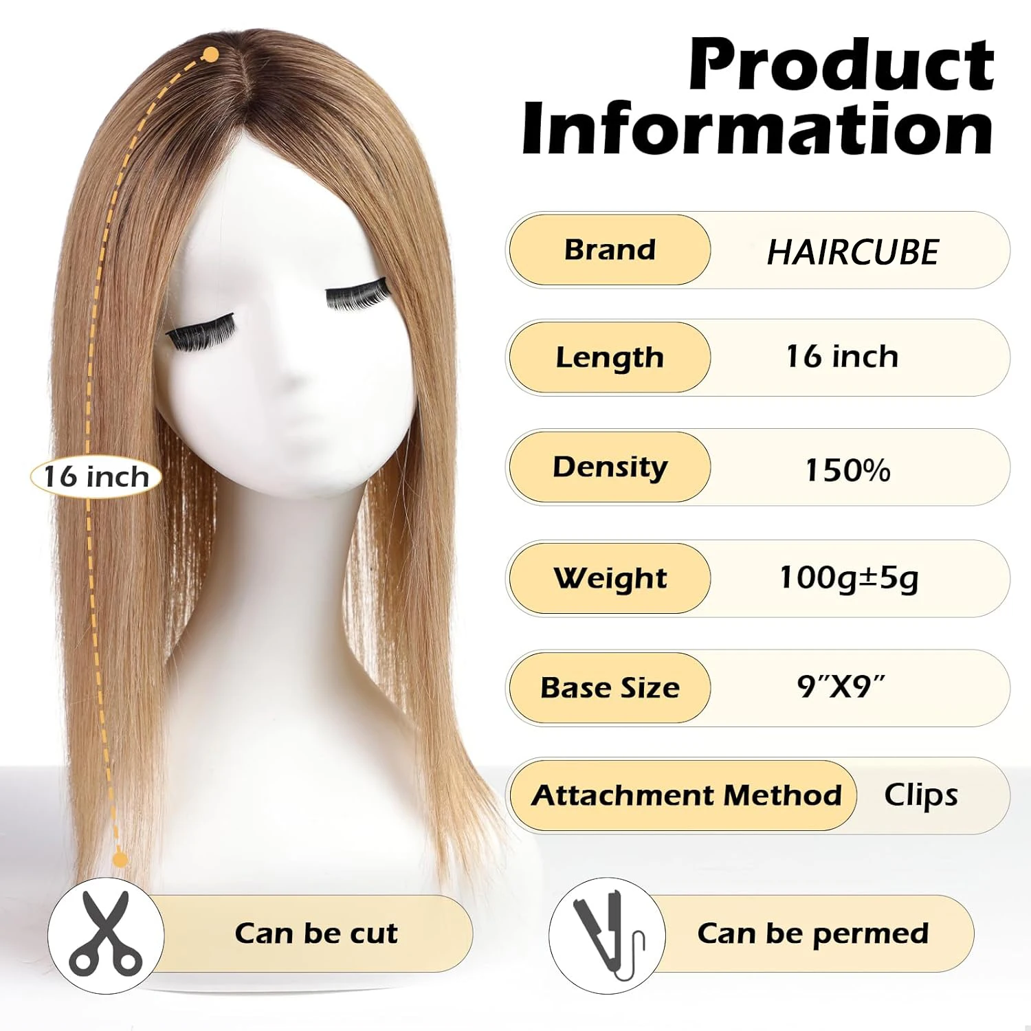 16 inch Human Hair Topper for Women 9x9inch Large Base Hair Pieces Ash Brown Ombre Human Toppers with Multiple Non-slip Clips