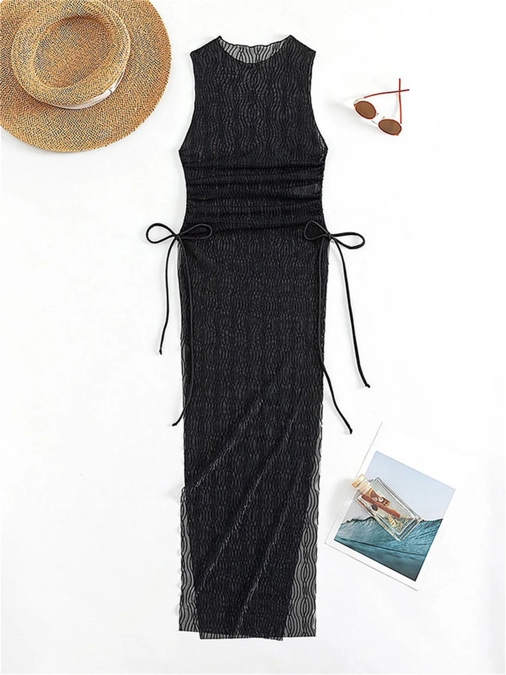 Sexy Mesh High Slit Dress Cover-Ups Transparent Jacquard Drawstrinig Beach Bikini Cover Up Women Swimwears Vacation Outfit Mujer 1
