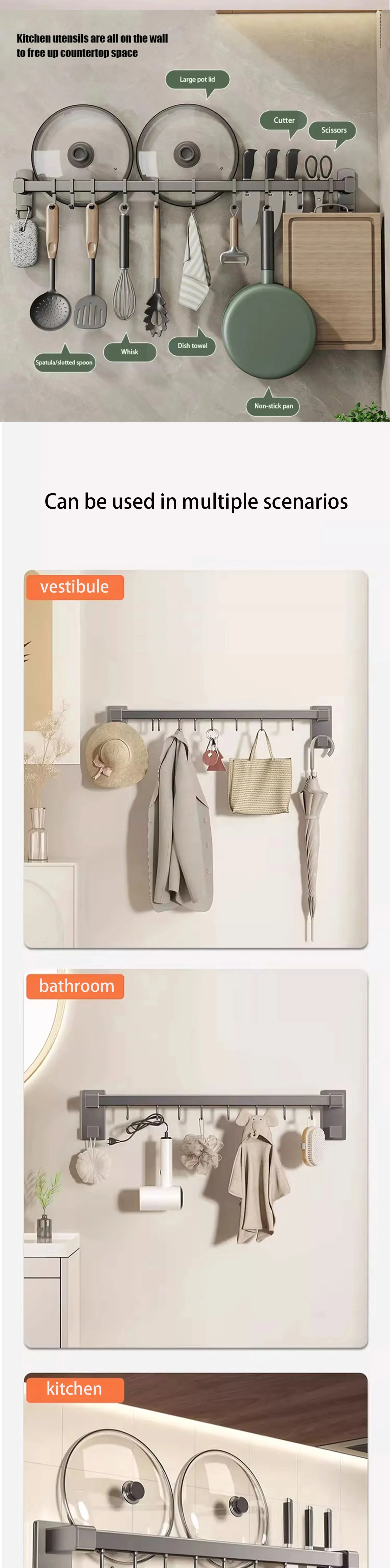 Description Picture 3 of itemWall Mounted Kitchen Rack Aluminum Movable Hook Spoon Shovel Holder Spatula Chop Organizer Home appliances Kitchen Accessories