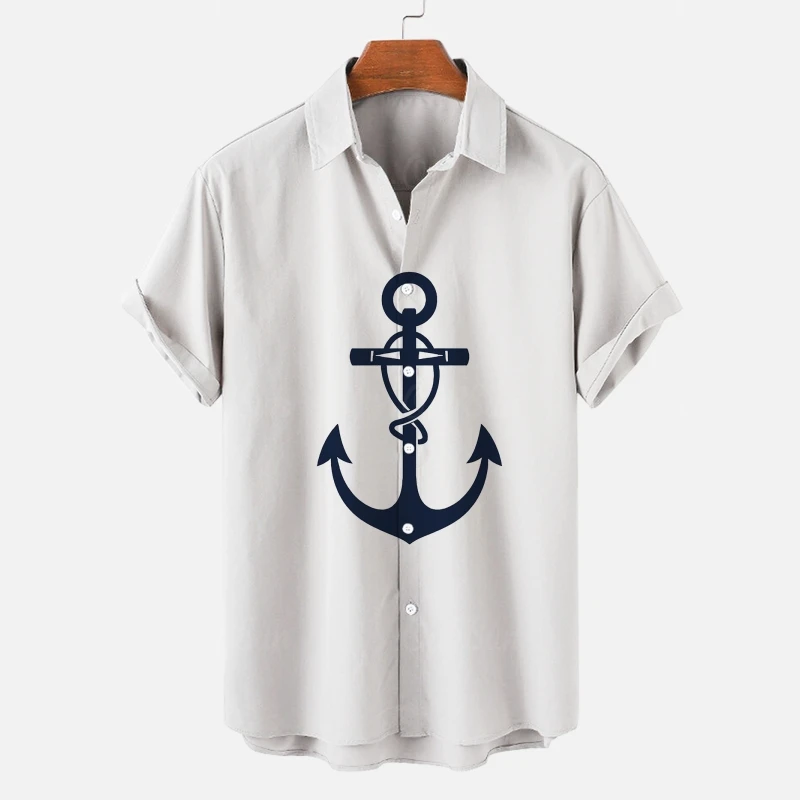 Simple Men's Shirt 3d Ship Anchor Striped Print Short Sleeved Shirt Beach Casual Hawaiian For Men Loose Oversized Tops