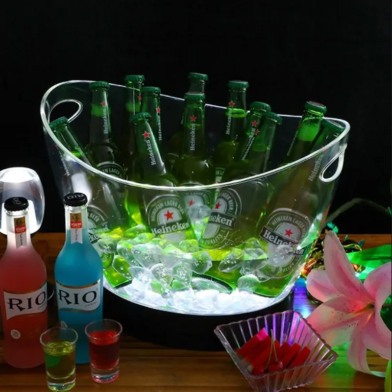 New Transparent Acrylic Led Luminous Ice Bucket 8 Liter Plastic Tub For Drinks Champagne Beer Wine Bottles Bucket Cooler