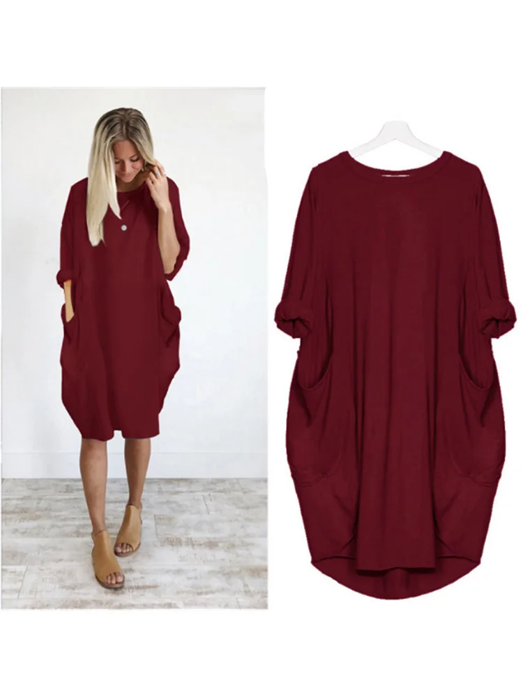 

Fashion Female Vestidos Casual Dress Women Loose Solid Color Pockets Long Sleeve Round Neck Knee-Length Autumn Spring New